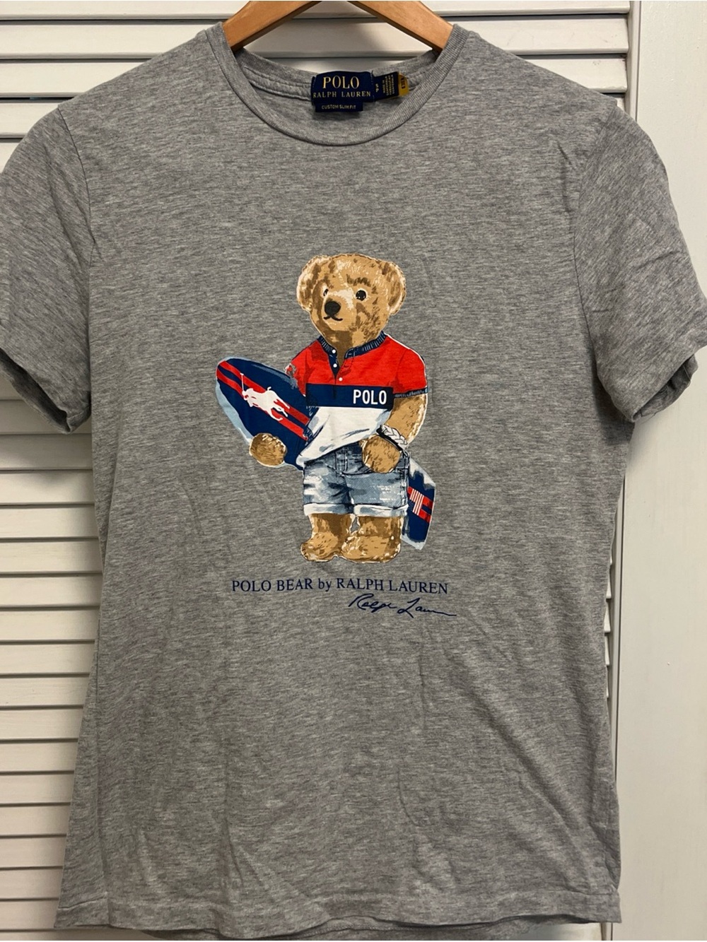 Ralph Lauren Gray Polo Bear Graphic Tee Bear with Surfboard America